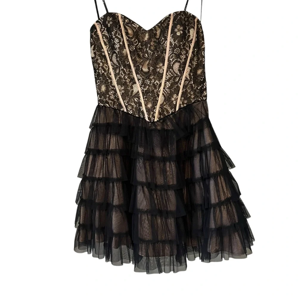 Vintage 90s Masquerade Strapless Black Gold Tiered Tulle Tutu Skirt Dress,Sz 5/6 - Picture 4 of 15